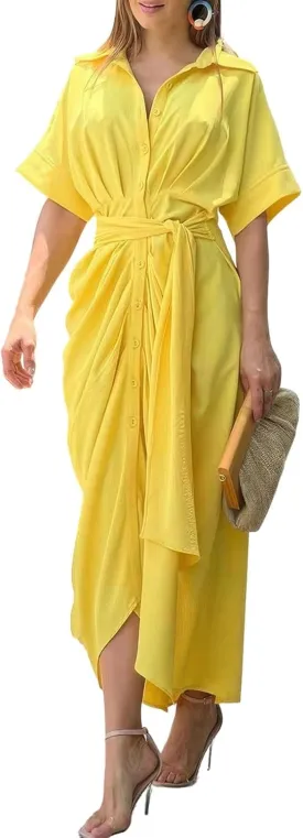 ebossy Women's Elegant Ruched Bodycon Maxi Dress Short Sleeve Tie Waist Button Down Summer Shirt Dress