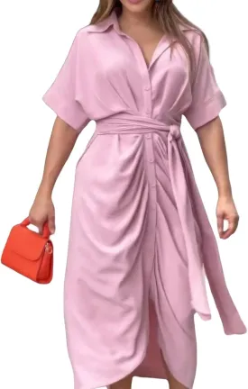 ebossy Women's Elegant Ruched Bodycon Maxi Dress Short Sleeve Tie Waist Button Down Summer Shirt Dress
