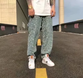 Embroidered Loose Straight Leg Blue Jeans For Men and Women