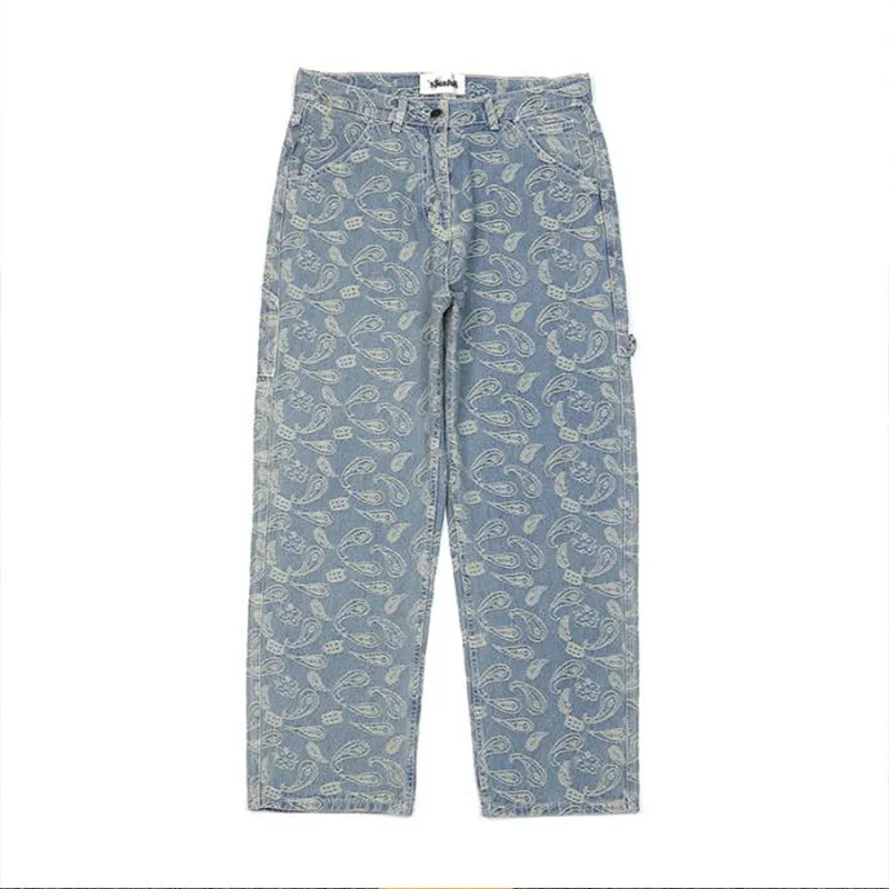 Embroidered Loose Straight Leg Blue Jeans For Men and Women