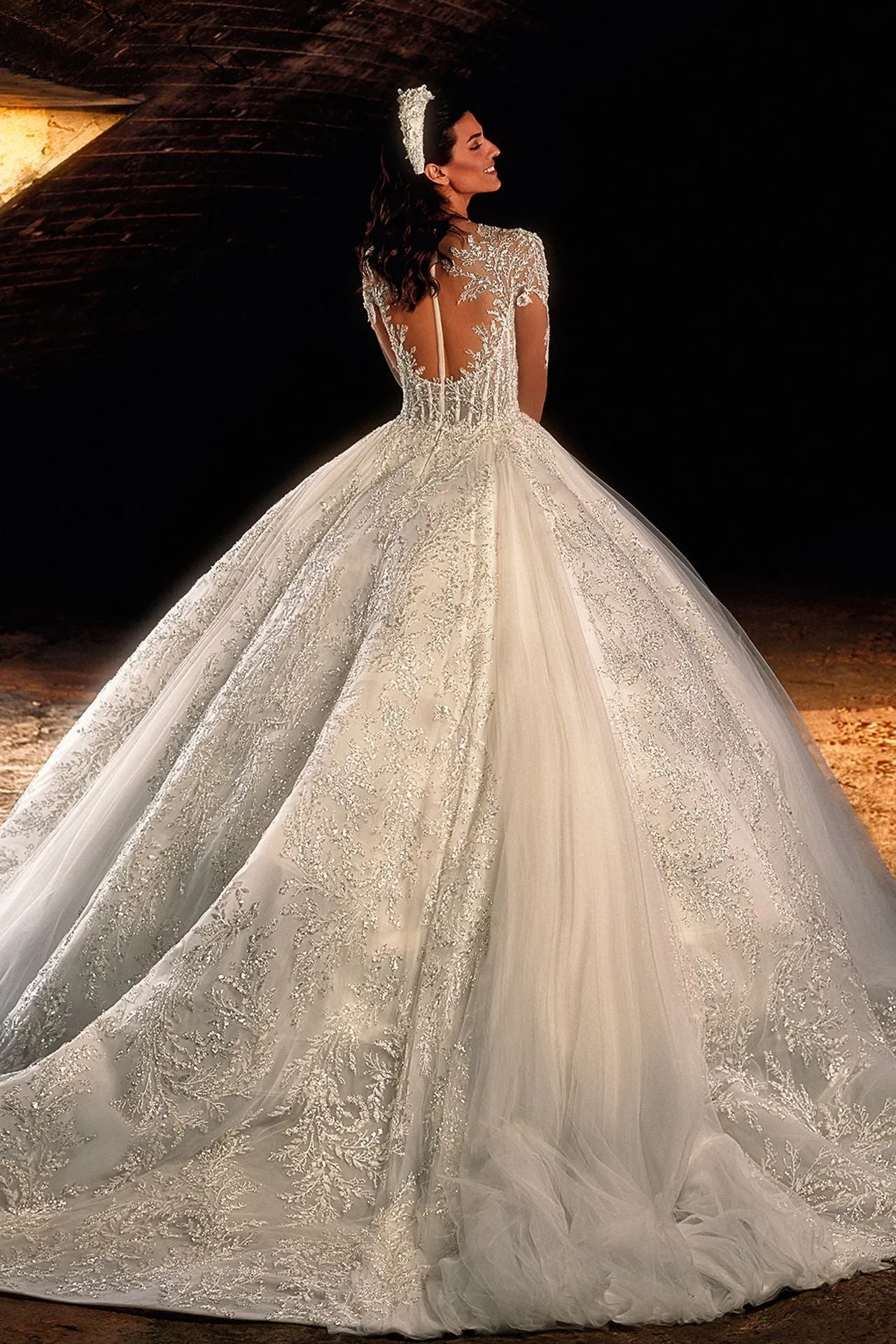 Embroidered Wedding Gown with Sheer Bodice
