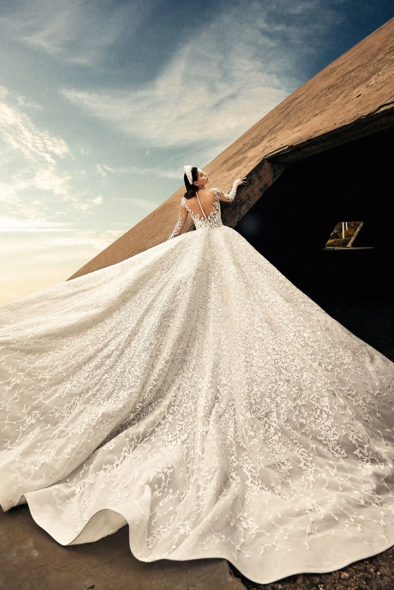 Embroidered Wedding Gown with Sheer Bodice