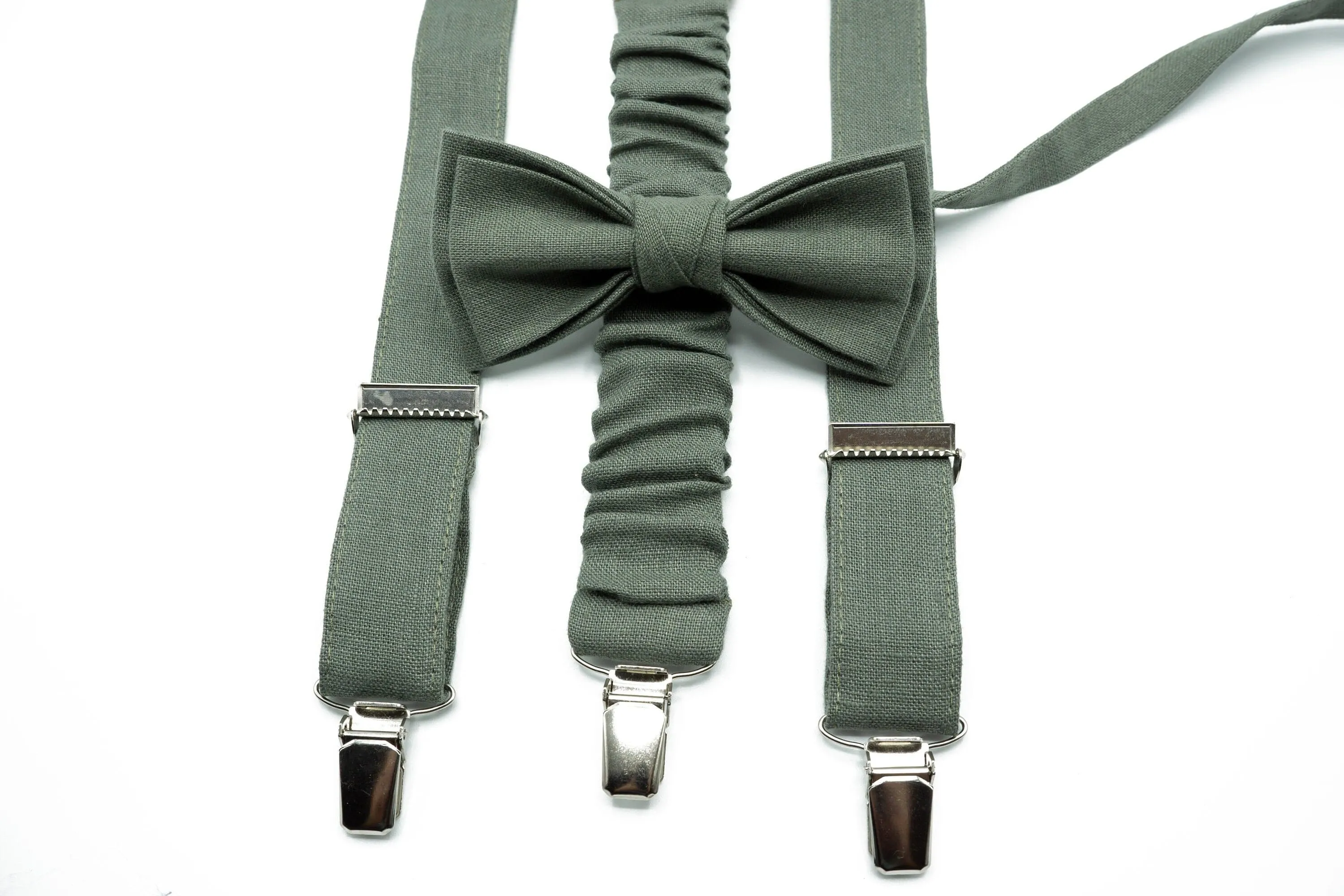 Eucalyptus Bow Tie & Suspender Set - Dark Green Groomsman Bowtie - Perfect for Wedding, For Men and Boys