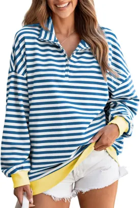 EVALESS Oversized Sweatshirt for Women 2024 Fall Outfits Fashion Long Sleeve Shirts Striped Quarter Zip Pullover Tops