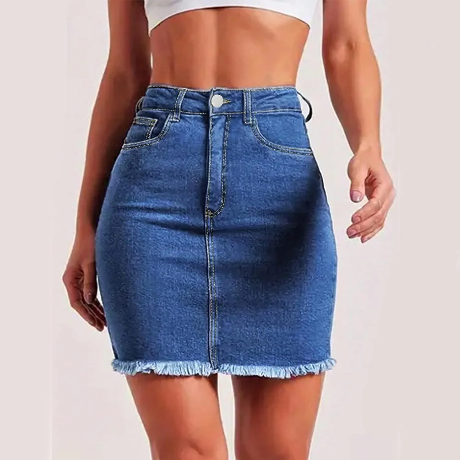 fanmpghleoo Denim Skirts for Women Short Frayed Hem Curvy Pencil Skirt High Waisted Summer Casual Jean Skirts with Pockets