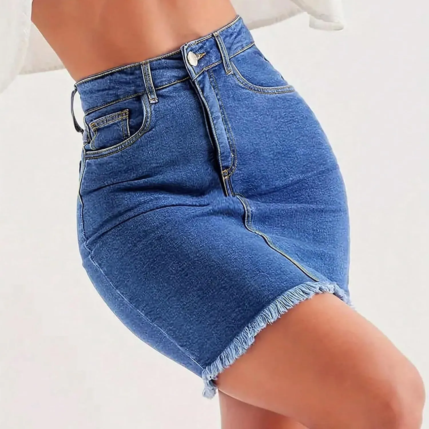 fanmpghleoo Denim Skirts for Women Short Frayed Hem Curvy Pencil Skirt High Waisted Summer Casual Jean Skirts with Pockets