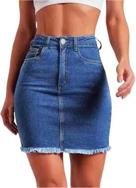 fanmpghleoo Denim Skirts for Women Short Frayed Hem Curvy Pencil Skirt High Waisted Summer Casual Jean Skirts with Pockets