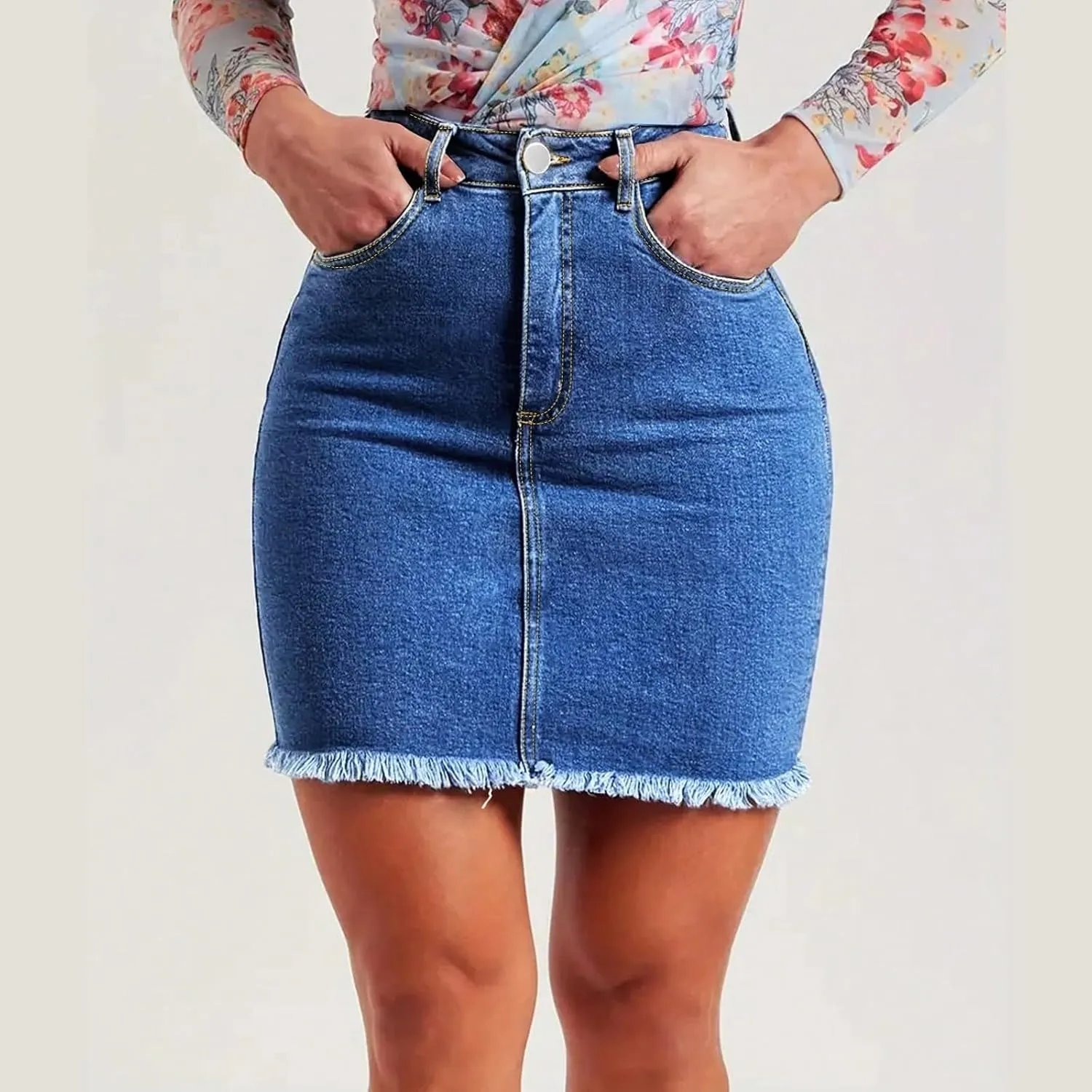 fanmpghleoo Denim Skirts for Women Short Frayed Hem Curvy Pencil Skirt High Waisted Summer Casual Jean Skirts with Pockets