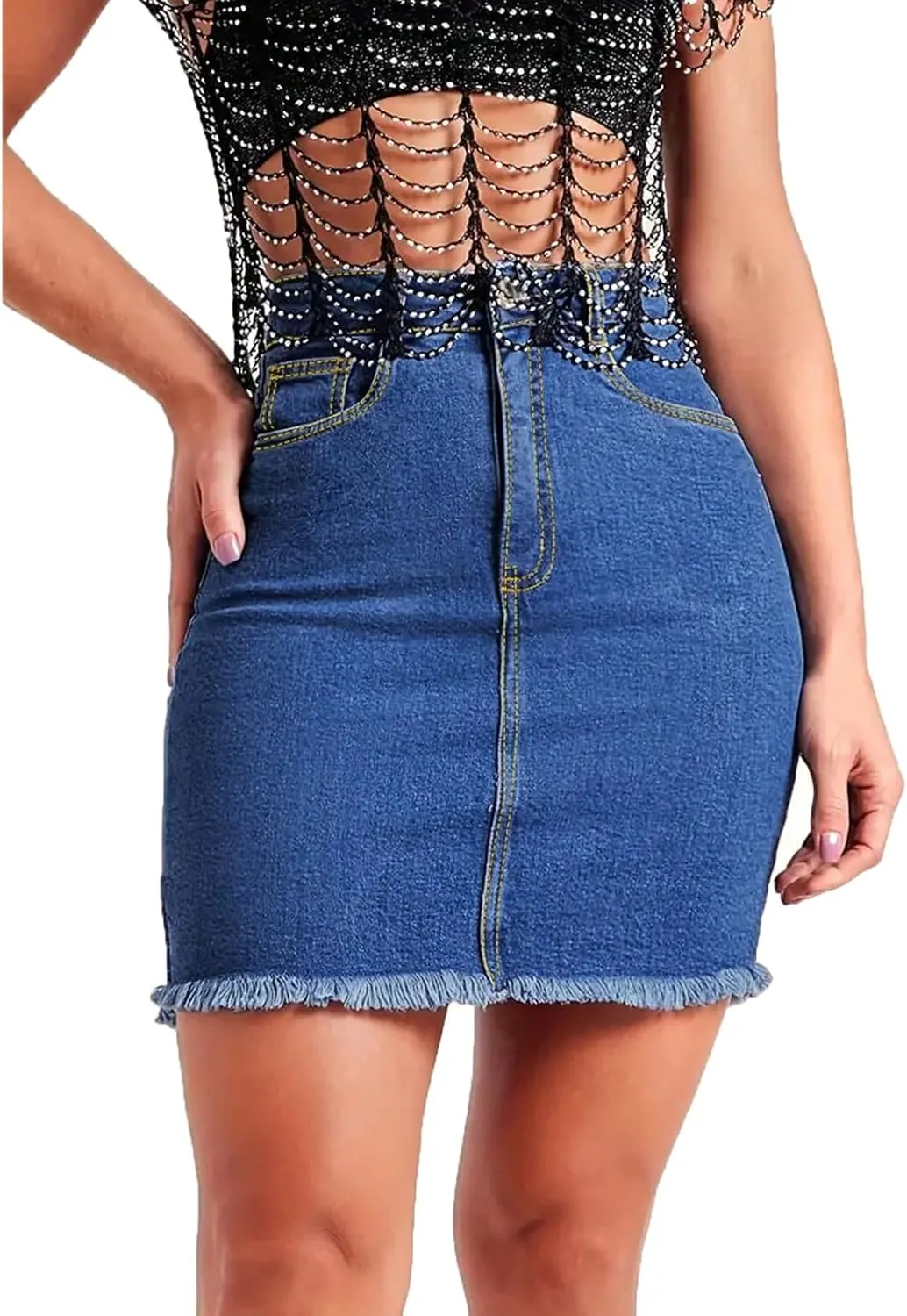 fanmpghleoo Denim Skirts for Women Short Frayed Hem Curvy Pencil Skirt High Waisted Summer Casual Jean Skirts with Pockets