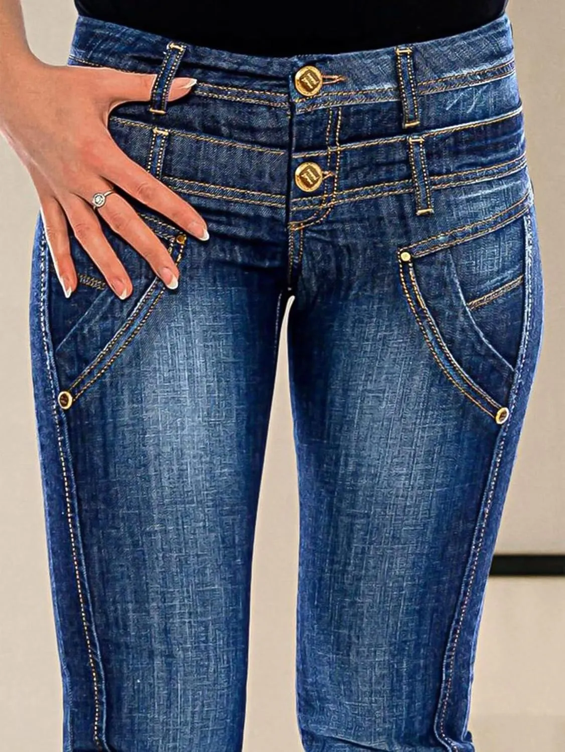 Flamingals Straight Leg Jeans for Women Mid Rise Causal Layered Waist Wash Stitch Detail Jeans