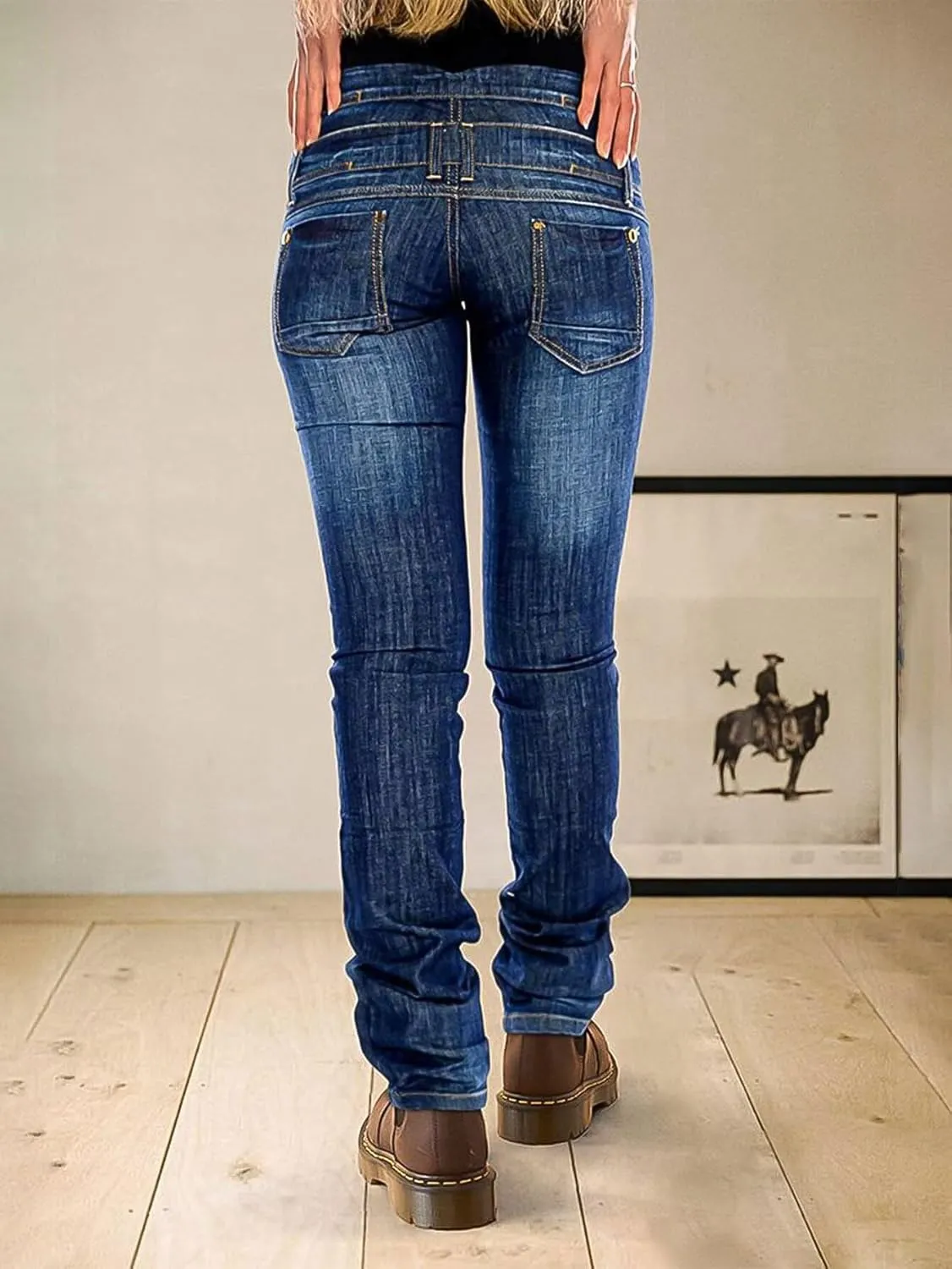 Flamingals Straight Leg Jeans for Women Mid Rise Causal Layered Waist Wash Stitch Detail Jeans
