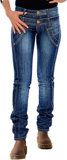 Flamingals Straight Leg Jeans for Women Mid Rise Causal Layered Waist Wash Stitch Detail Jeans