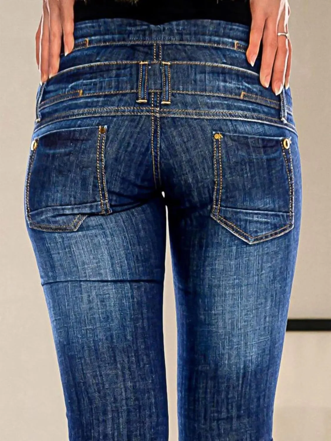 Flamingals Straight Leg Jeans for Women Mid Rise Causal Layered Waist Wash Stitch Detail Jeans