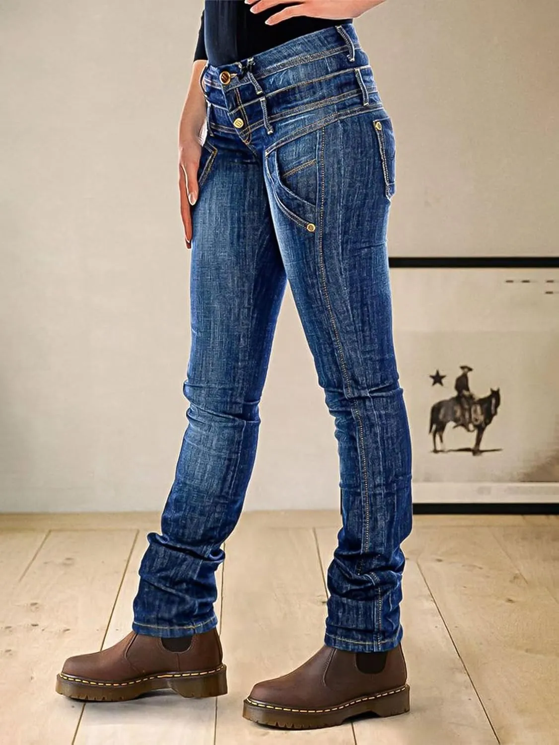 Flamingals Straight Leg Jeans for Women Mid Rise Causal Layered Waist Wash Stitch Detail Jeans