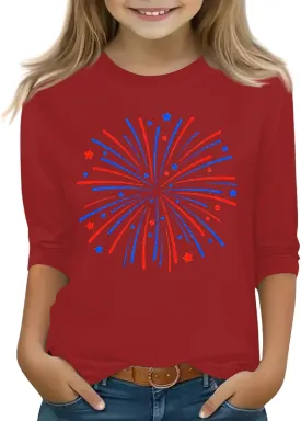 Fourth of July 3/4 Sleeve Shirts for Teens Girls USA Flag Crew Neck Cute Summer Tops Blouses Cute Clothes 5-16 Years
