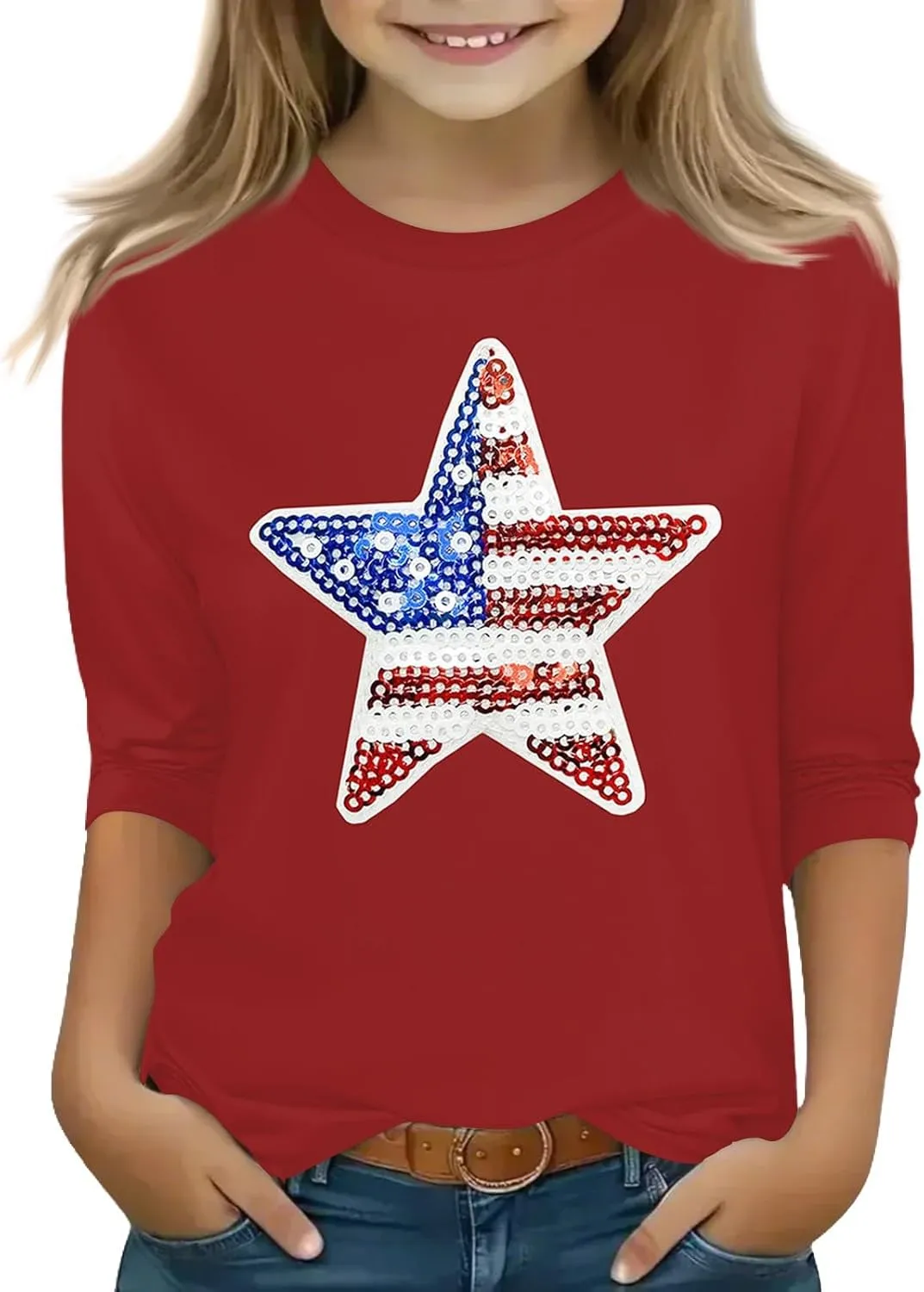 Fourth of July 3/4 Sleeve Shirts for Teens Girls USA Flag Crew Neck Cute Summer Tops Blouses Cute Clothes 5-16 Years