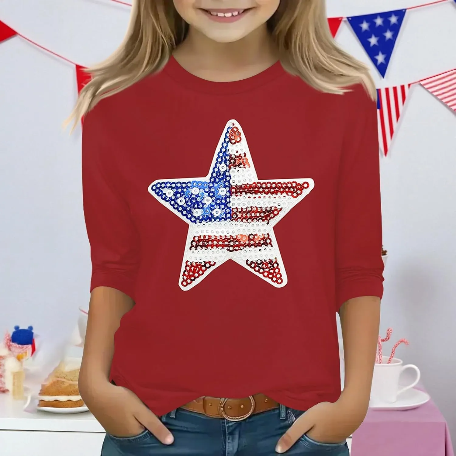 Fourth of July 3/4 Sleeve Shirts for Teens Girls USA Flag Crew Neck Cute Summer Tops Blouses Cute Clothes 5-16 Years