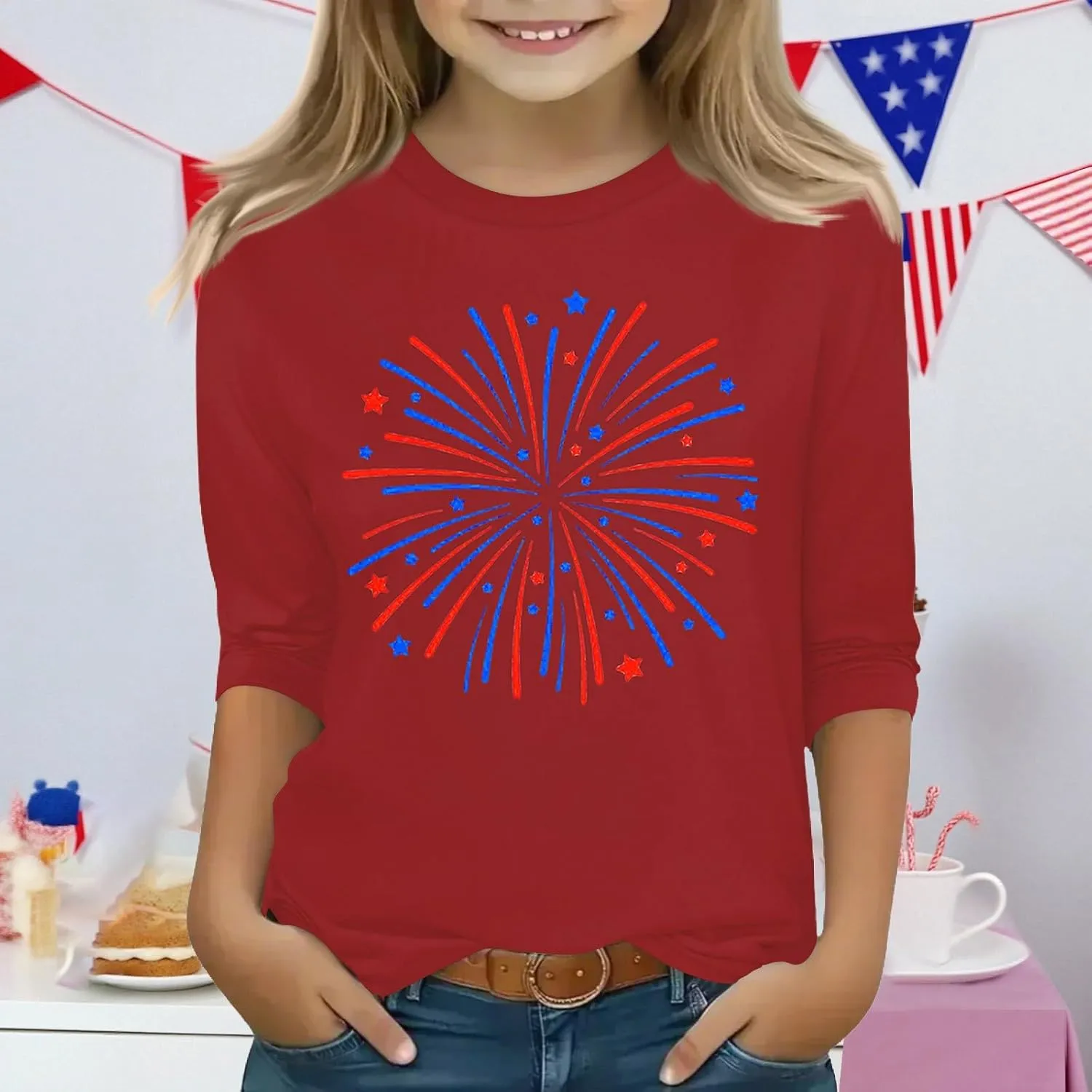 Fourth of July 3/4 Sleeve Shirts for Teens Girls USA Flag Crew Neck Cute Summer Tops Blouses Cute Clothes 5-16 Years