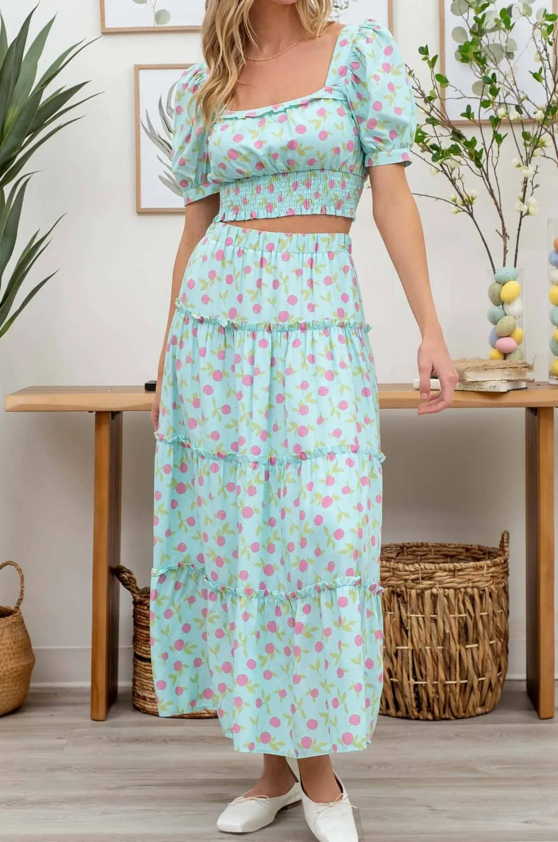 FRUIT PRINT TIERED MIDI SKIRT