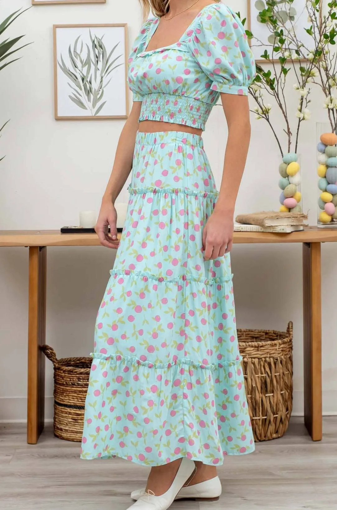 FRUIT PRINT TIERED MIDI SKIRT