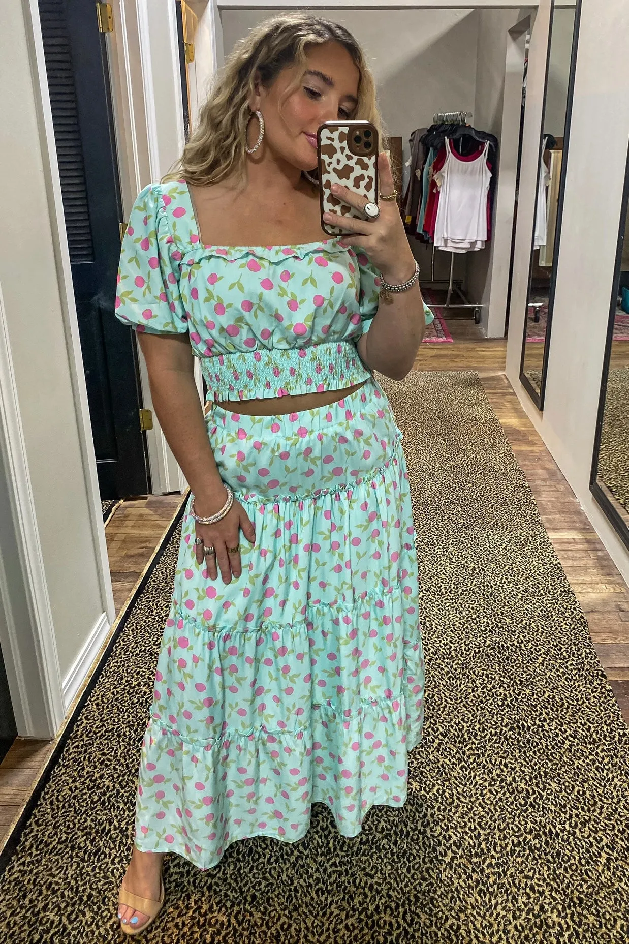 FRUIT PRINT TIERED MIDI SKIRT