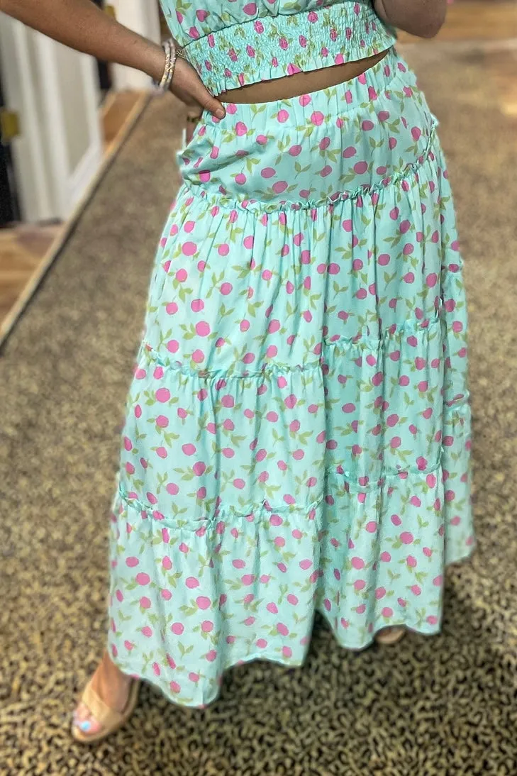 FRUIT PRINT TIERED MIDI SKIRT