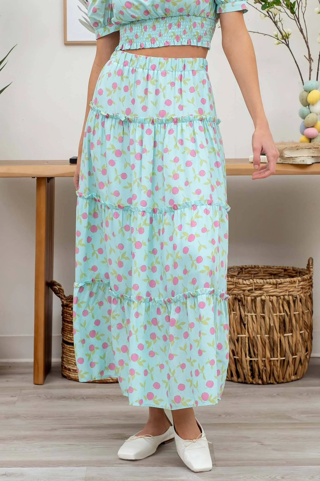 FRUIT PRINT TIERED MIDI SKIRT