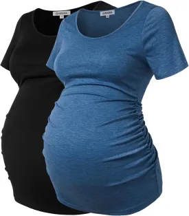 GINKANA Short Sleeve Maternity Tops Shirts Floral Ruched Sides Casual Mama Pregnancy Blouses Clothes