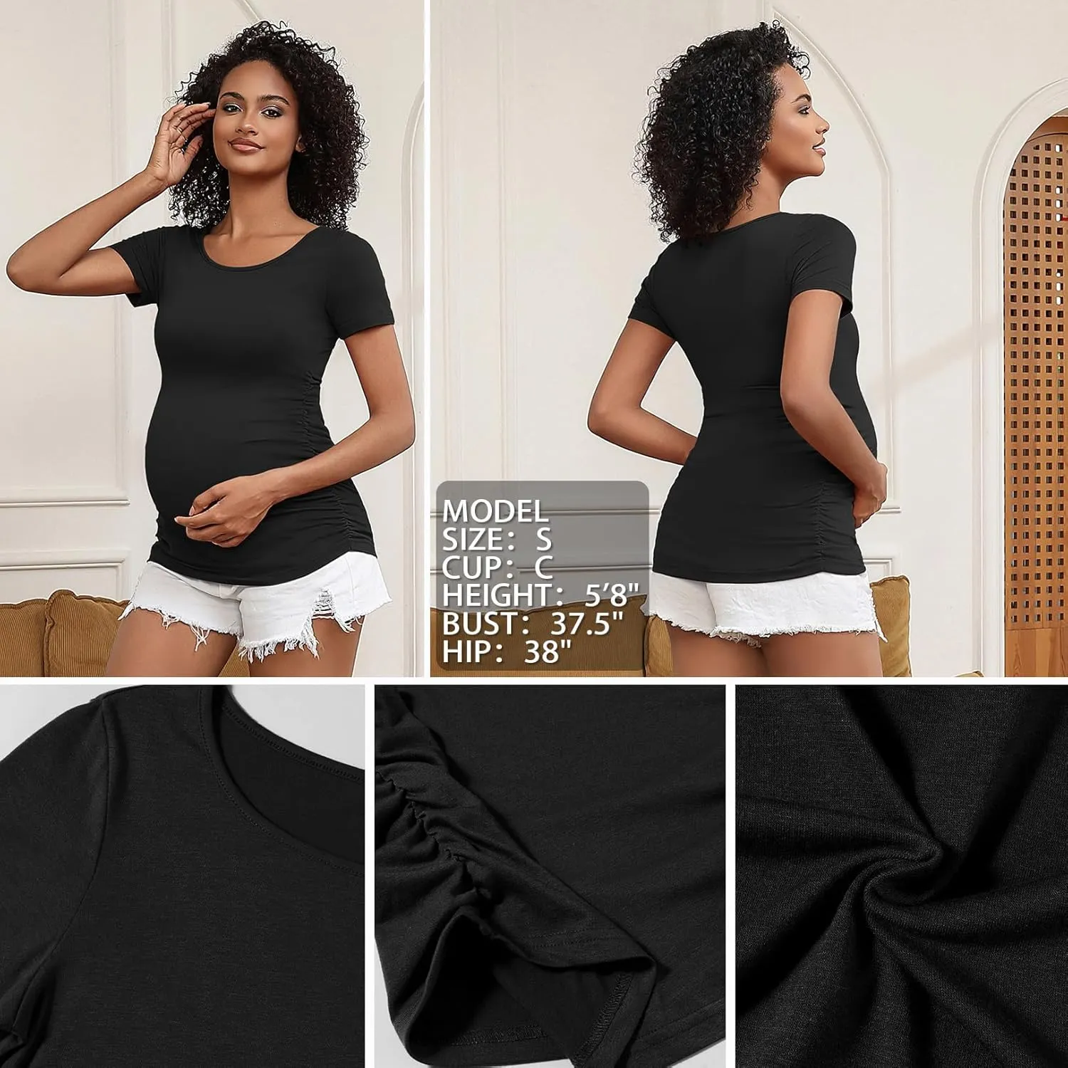 GINKANA Short Sleeve Maternity Tops Shirts Floral Ruched Sides Casual Mama Pregnancy Blouses Clothes