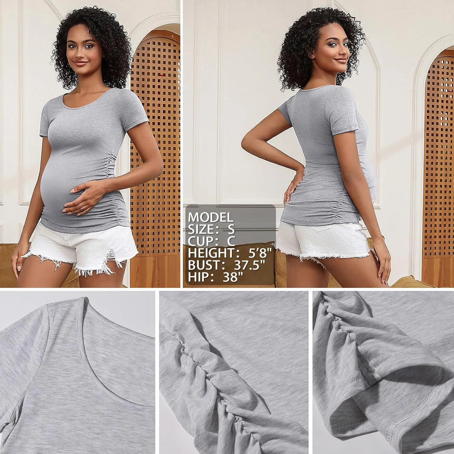 GINKANA Short Sleeve Maternity Tops Shirts Floral Ruched Sides Casual Mama Pregnancy Blouses Clothes
