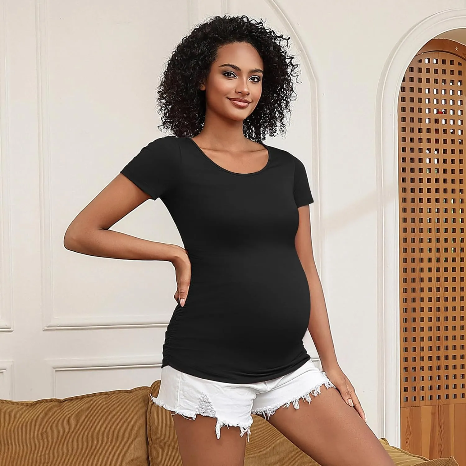 GINKANA Short Sleeve Maternity Tops Shirts Floral Ruched Sides Casual Mama Pregnancy Blouses Clothes