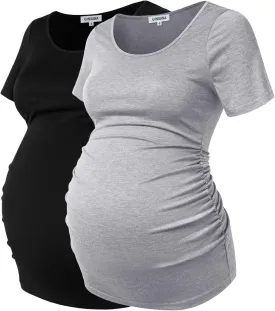 GINKANA Short Sleeve Maternity Tops Shirts Floral Ruched Sides Casual Mama Pregnancy Blouses Clothes