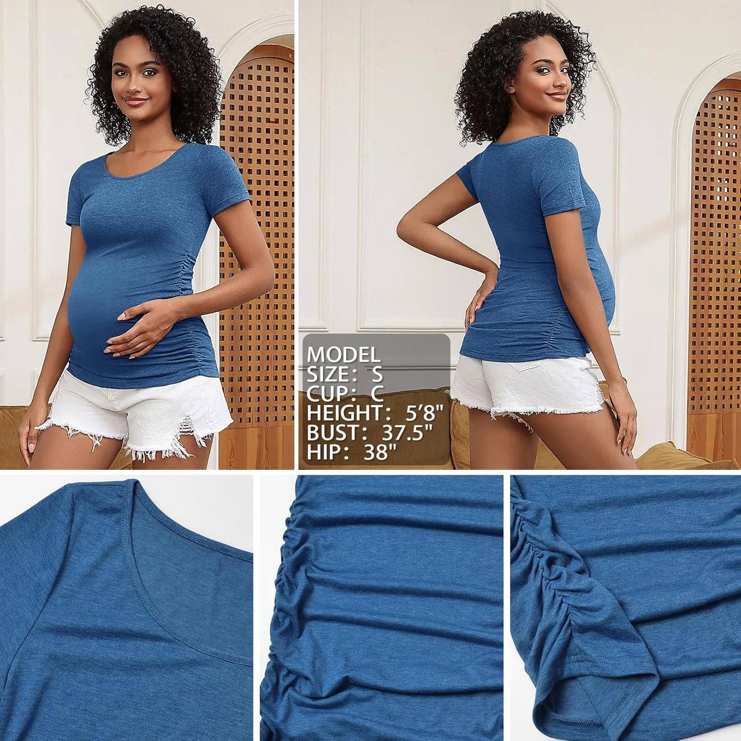 GINKANA Short Sleeve Maternity Tops Shirts Floral Ruched Sides Casual Mama Pregnancy Blouses Clothes
