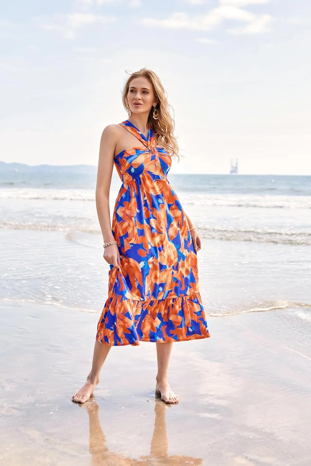 GRACE KARIN 2025 Women's Criss Cross Halterneck Sleeveless Summer Floral Print Flowy A Line Maxi Dress