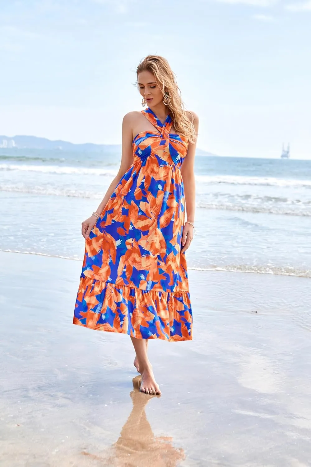 GRACE KARIN 2025 Women's Criss Cross Halterneck Sleeveless Summer Floral Print Flowy A Line Maxi Dress