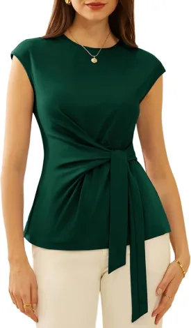 GRACE KARIN Womens Cap Sleeve Tops 2025 Summer Tie Waist Crew Neck Elegant Blouse Dressy Casual Work Business Shirts