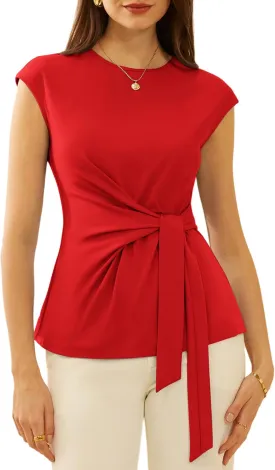 GRACE KARIN Womens Cap Sleeve Tops 2025 Summer Tie Waist Crew Neck Elegant Blouse Dressy Casual Work Business Shirts