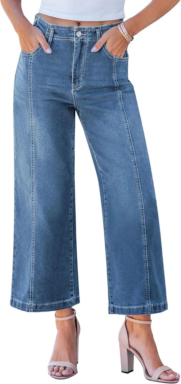 GRAPENT Wide Leg Jeans Woman Trendy Cropped High Waisted Front Seam Casual Stretchy Denim Trouser Jeans with Pockets