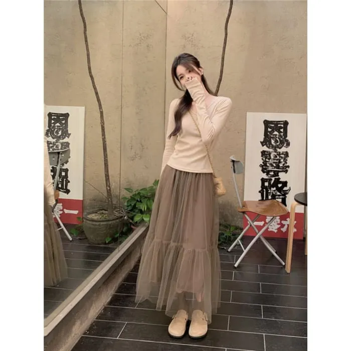 High Waist Mesh Overlay Midi A-Line Skirt / Long-Sleeve Top