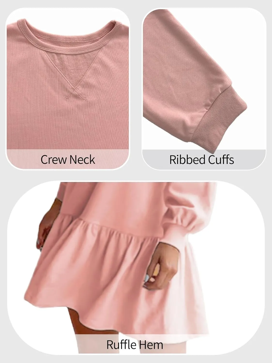 HOULENGS Women's Casual Crew Neck Pullover Sweatshirt Dress Long Sleeve Ruffled Sweatshirt Mini Dresses