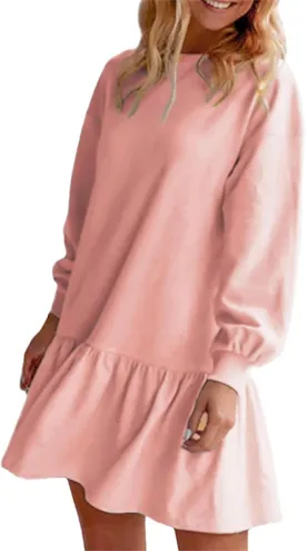 HOULENGS Women's Casual Crew Neck Pullover Sweatshirt Dress Long Sleeve Ruffled Sweatshirt Mini Dresses