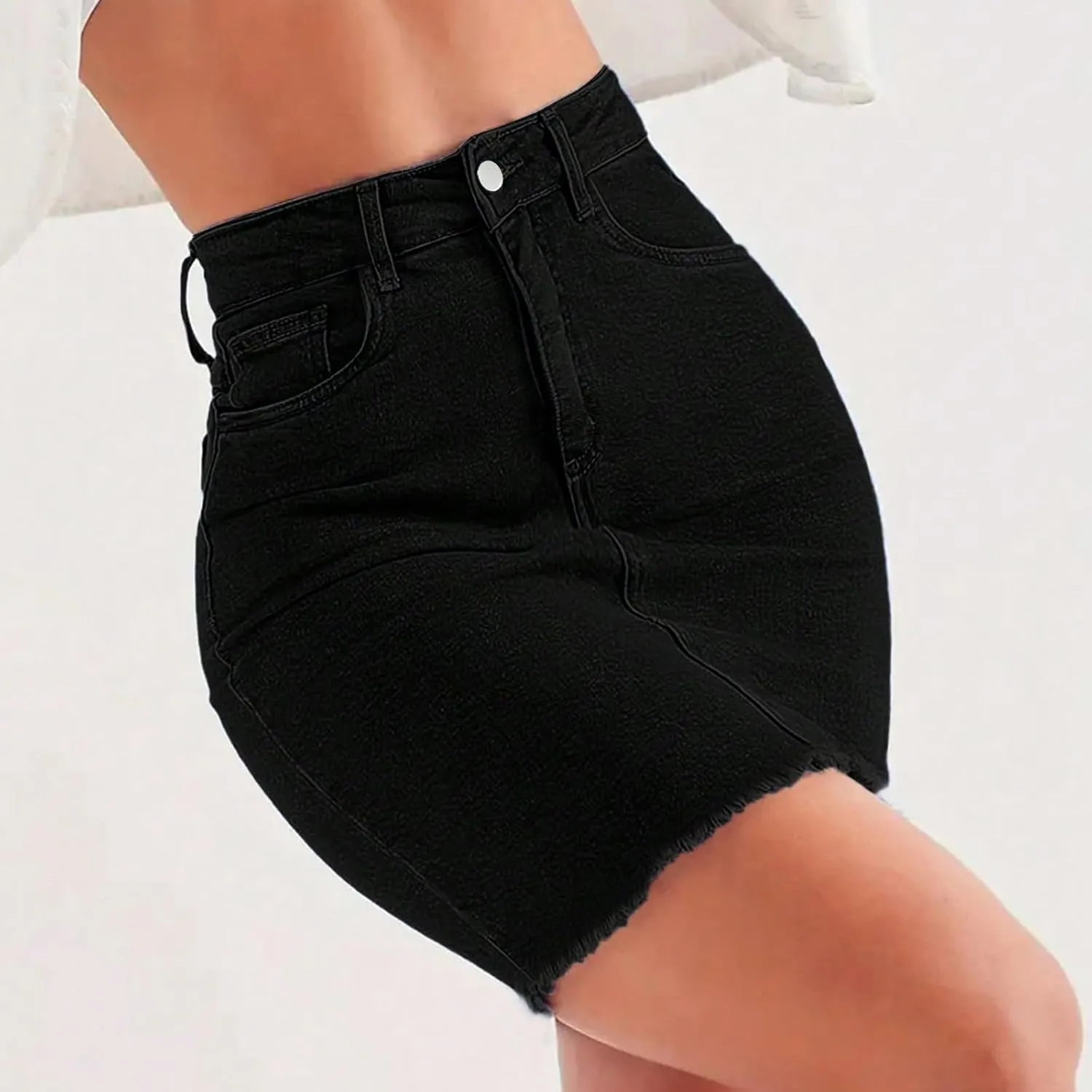 Jean Mini Skirts for Women Trendy Modest Frayed Raw Hem Pencil Skirt Business Casual High Waisted Work Denim Skirt