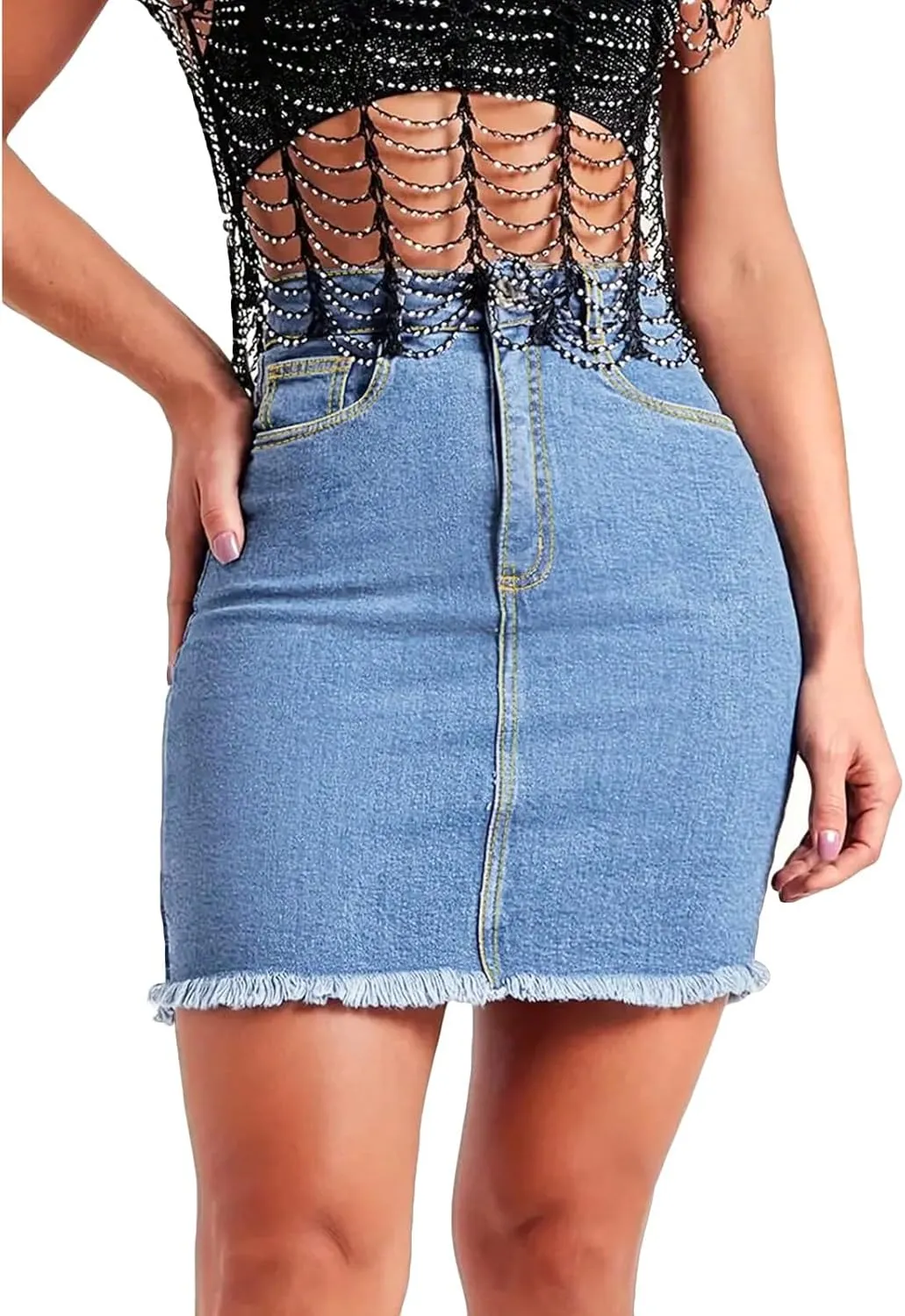 Jean Mini Skirts for Women Trendy Modest Frayed Raw Hem Pencil Skirt Business Casual High Waisted Work Denim Skirt