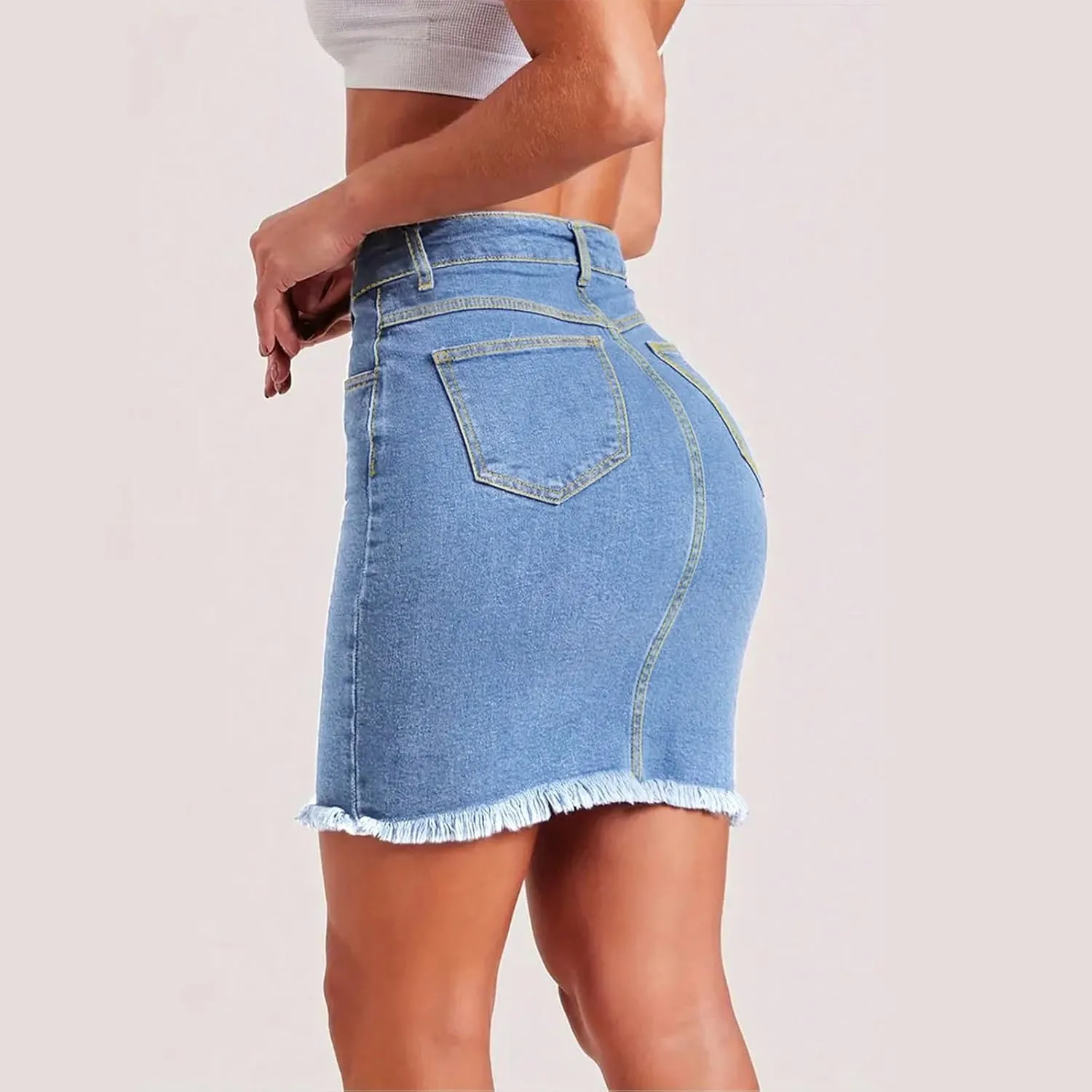 Jean Mini Skirts for Women Trendy Modest Frayed Raw Hem Pencil Skirt Business Casual High Waisted Work Denim Skirt