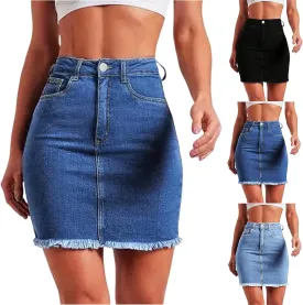 Jean Mini Skirts for Women Trendy Modest Frayed Raw Hem Pencil Skirt Business Casual High Waisted Work Denim Skirt