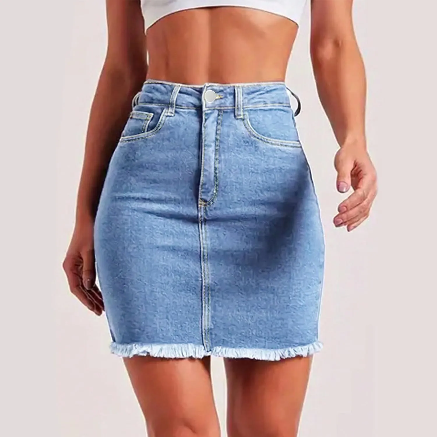 Jean Mini Skirts for Women Trendy Modest Frayed Raw Hem Pencil Skirt Business Casual High Waisted Work Denim Skirt