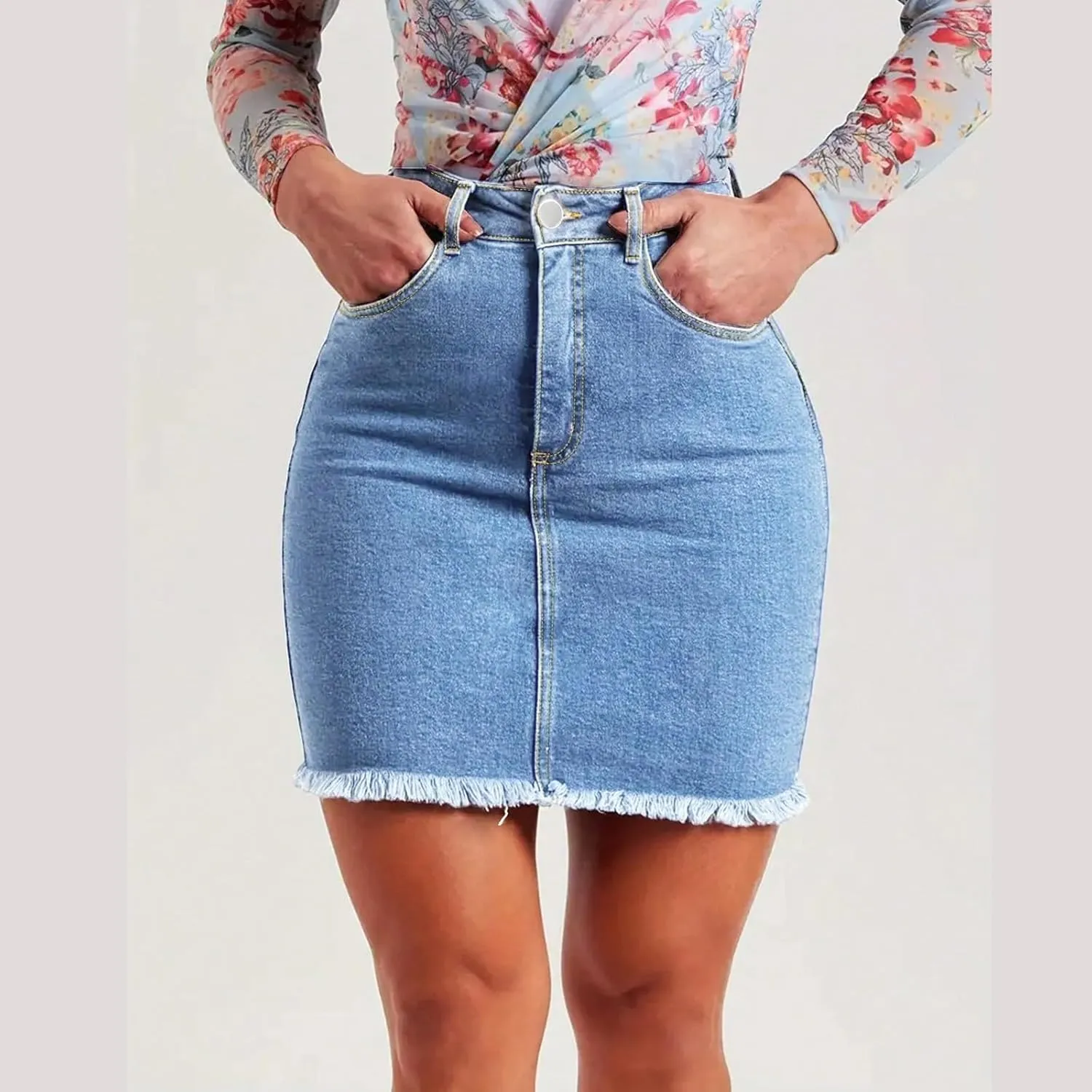 Jean Mini Skirts for Women Trendy Modest Frayed Raw Hem Pencil Skirt Business Casual High Waisted Work Denim Skirt