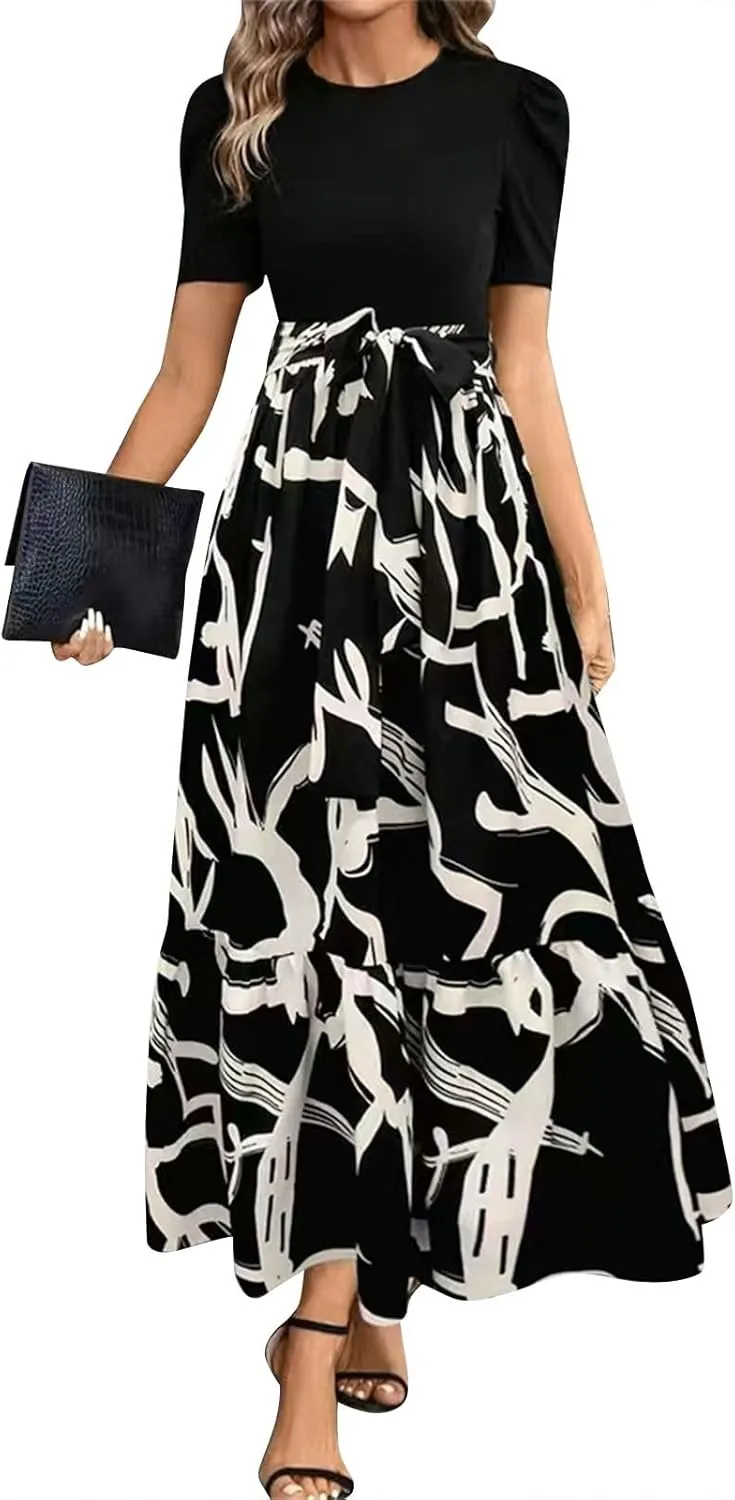 Long Floral Dresses for Women 2025 Business Casual Elegant Tie Waist Work Maxi Dress Short Sleeve Modest Flowy Dress