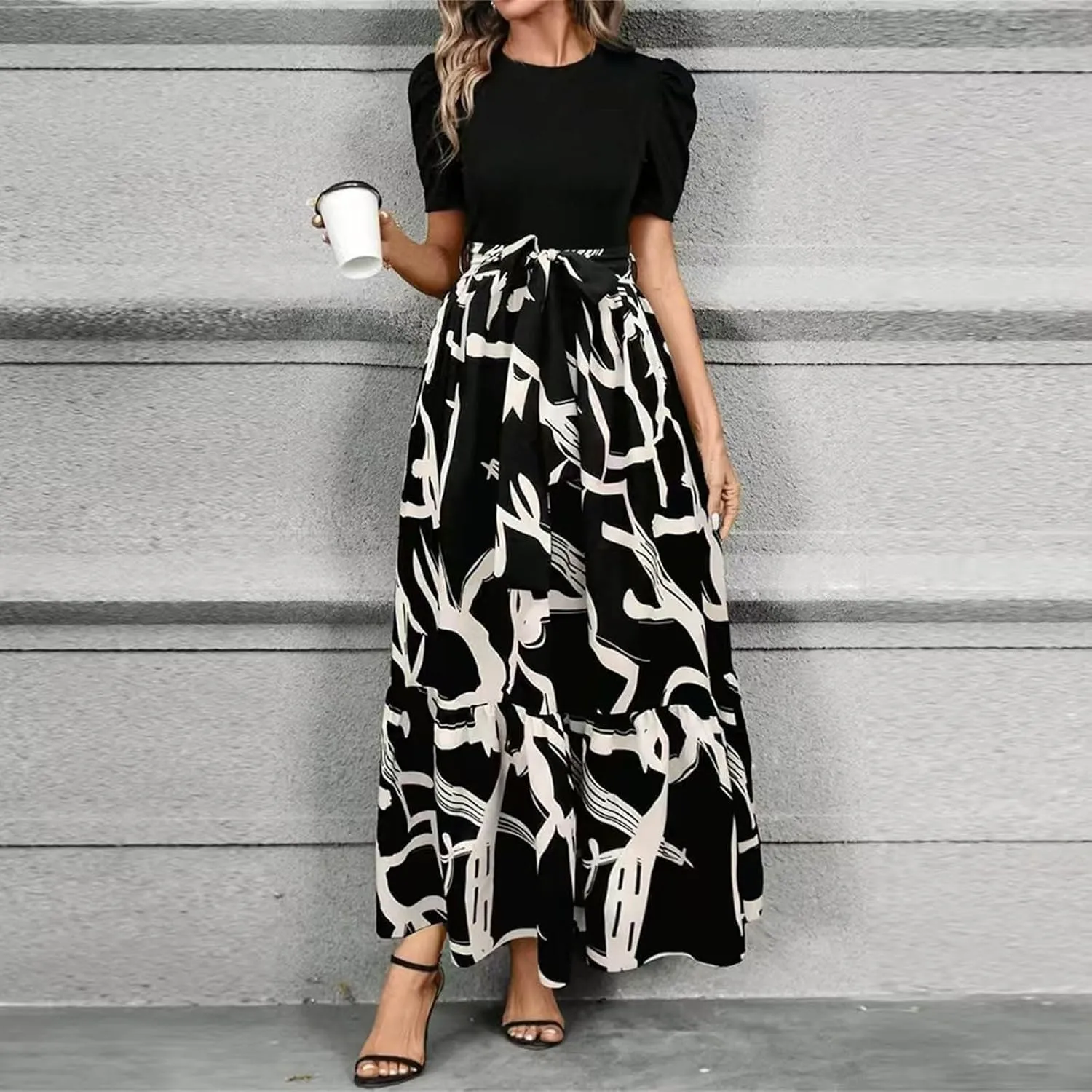 Long Floral Dresses for Women 2025 Business Casual Elegant Tie Waist Work Maxi Dress Short Sleeve Modest Flowy Dress