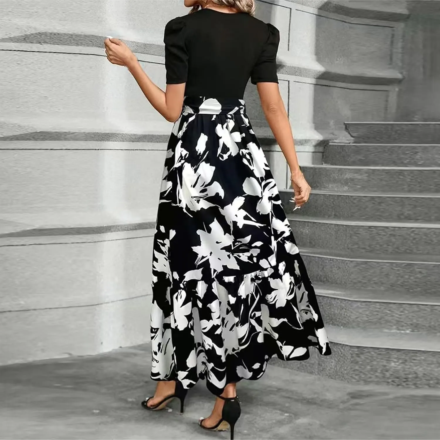Long Floral Dresses for Women 2025 Business Casual Elegant Tie Waist Work Maxi Dress Short Sleeve Modest Flowy Dress